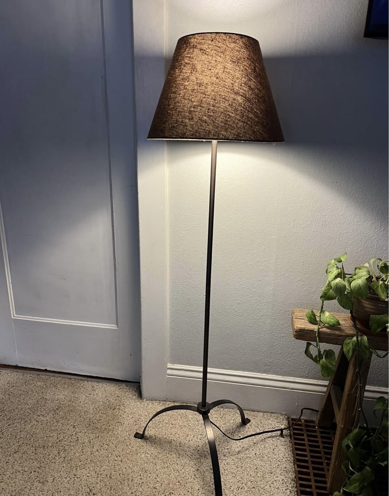 Modern Warm Bronze Floor Lamp with Tripod Leg Base and Brown Linen Shade