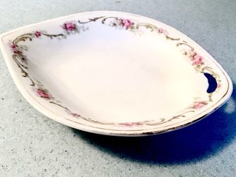 Vtg.1940s SIGNED PI Bavaria Teardrop / Petit Four Dish Gold Tone Details Floral Design 7.25” Long