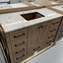 Bathroom vanity cabinet 48” full Teak Quartz top with sink