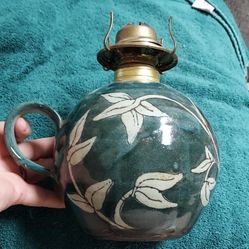 Handcrafted Ceramic Floral Oil Lamp Jug Decorative Art Pottery Green White