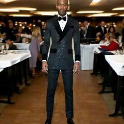 Only Worn Once.  Men's Customized  black paisley 2 Piece Suit with velvet lapel and cuffs. Size 3x 