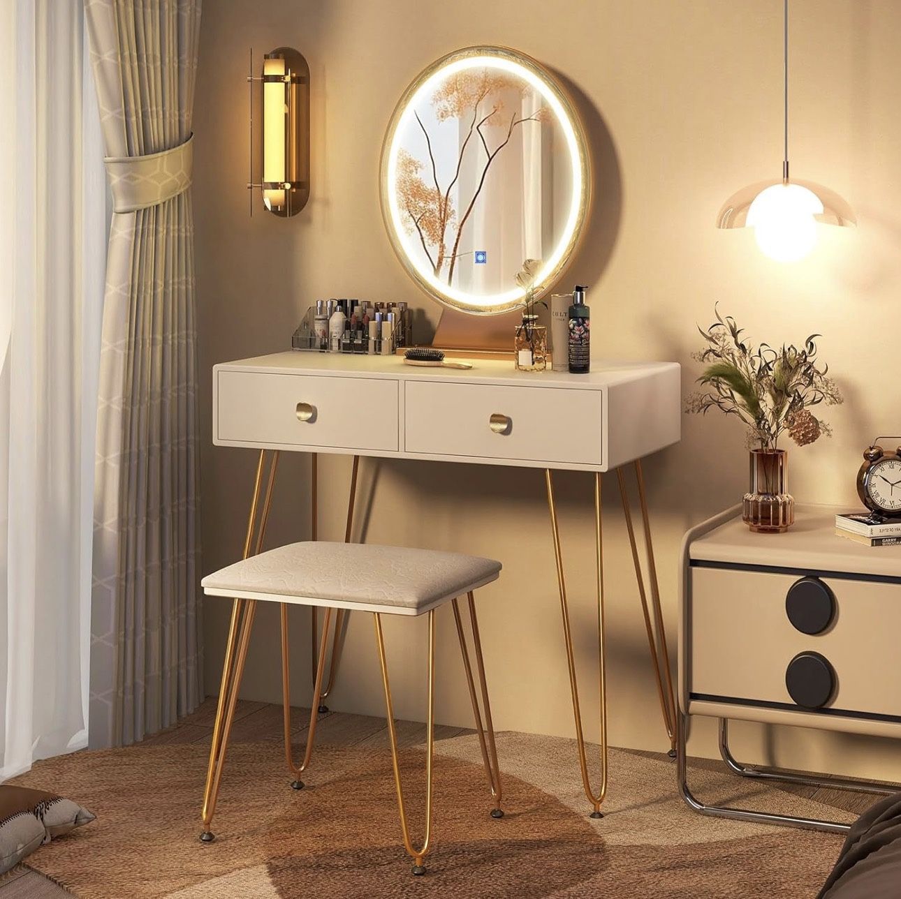 Makeup Vanity Table with Lighted Mirror, Vanity Desk with 2 Large Drawers, Adjustable 3 Lighting Modes, Modern Girls Bedroom Vanity Table with Chair f