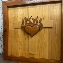Hand Carved Sacred Heart On Cross-NM