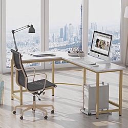 White Faux Marble Print L-Shaped Writing Desk (Gold)