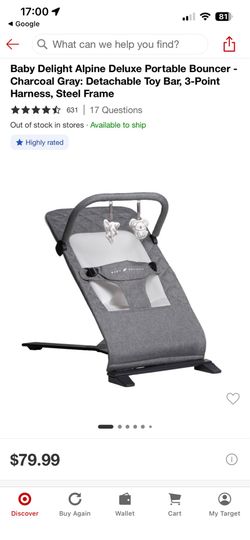 Baby Delight Alpine Deluxe Portable Bouncer - Charcoal Gray: Detachable Toy Bar, 3-Point Harness, Steel Frame