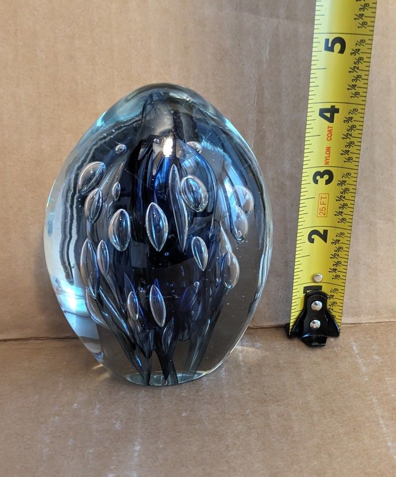 Paperweight Glass Murano Style Blue With Bubbles Egg Shaped
