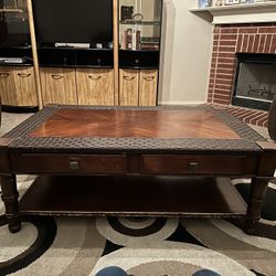 Solid Brown Wooden Coffee Table w/ 2 Drawers 