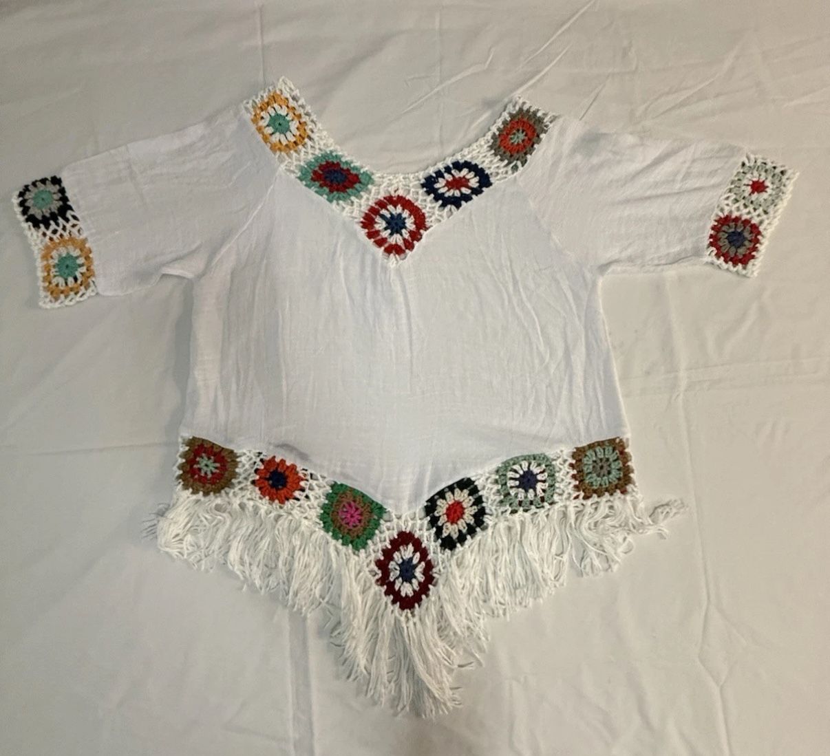 Asha Bohemian Hippie Gypsy Multicolored Crochet Accent Fringed Tunic Top White
