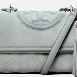 Tory Burch Fleming Suede  Convertible Shoulder Bag Tassel Blue Clay Silver