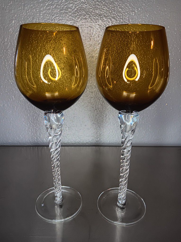 Vintage Set Of 2 Tall Amber Glass Wine Goblets With Twisted Stem 11.5" Tall.