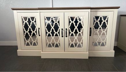 Ivory and Oak side board and 2 matching end tables