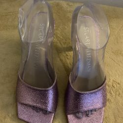 Stuart Weitzman Sandals Heels Spool Large Straps Opened Toes Glitter Purple Size 6 Leather 