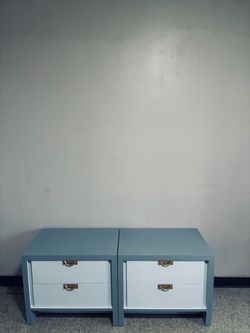 Pair of Blue-Gray Nightstands with Gold Handles