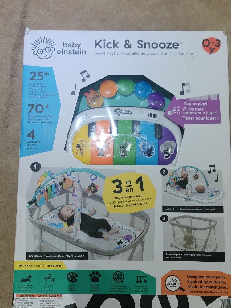 Baby Einstein Kick & Snooze 3-in-1 Foldable Playard with Bassinet, Gym, and Bedside Sleeper
