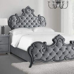 GLAM GREY VELVET RHINESTONE TUFTED ACCENTS QUEEN SIZE BED FRAME