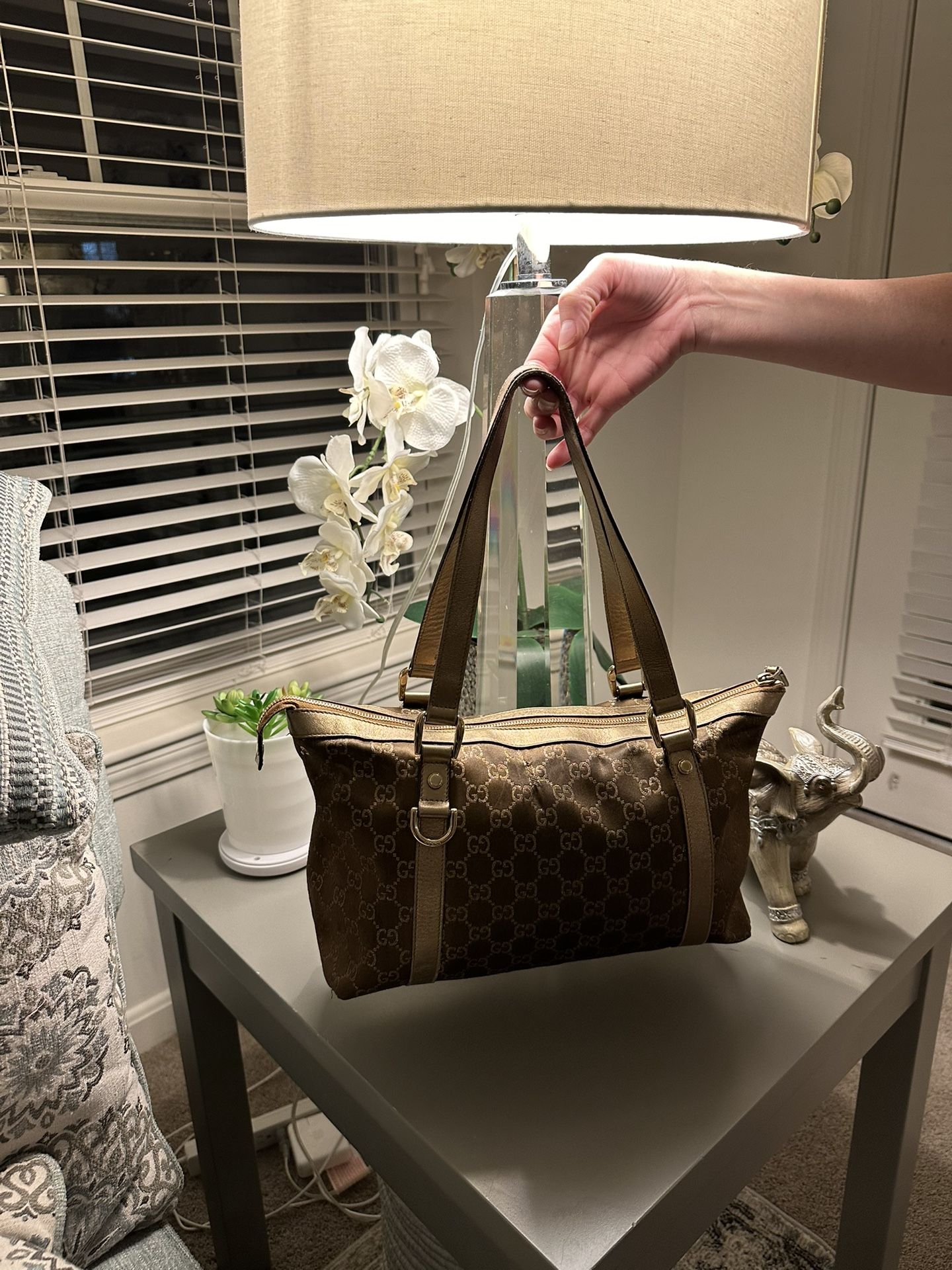 GUCCI ABBEY LINE 141470 GG CANVAS LEATHER BEIGE TOTE BAG