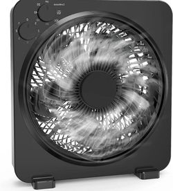 QC 11" Box Fan for Bedroom and Office, Powerful Airflow 3 Speeds Setting,120Min Timer, Desk Fan with Easy Carry Handle, Black