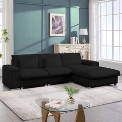 New 113” Black Corduroy Fabric Sectional Sofa L-Shape Sofa