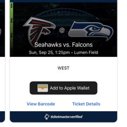 (2) Atlanta Falcons  VS Seattle Seahawks Tickets - Sunday, 9/25, 1:25pm at Lumen Field. $120 each. 