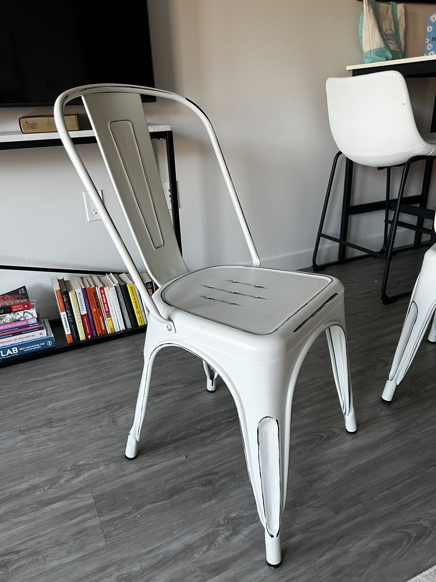 Two Metal Chairs, Indoor or Outdoor, Industrial Style, Stackable, Matte White & Black