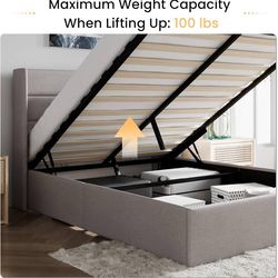 Full Size Lift Up Storage Bed/Modern Wingback Headboard/Upholstered Platform Bed Frame/Hydraulic Storage/No Box Spring Needed/Wood Slats Support/Light
