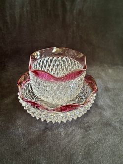 Indiana Glass Diamond Point Ruby Mayonnaise Bowl & Underplate