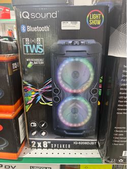 IQ Sound IQ-6208DJBT portable Bluetooth speaker featuring dual 8-inch woofers and a colorful LED light show.