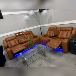 Orange Yellow Breathable Semi PU Leather Living Room Multifunctional power Recliner 2 - Piece Sofa Set