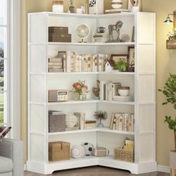 Wood Corner Book Shelf, 5 Tier 65 Inch Tall Bookshelf with Storage, Floor Standing Display Book Shelf for Living Room, Kitchen, Home Office, White 