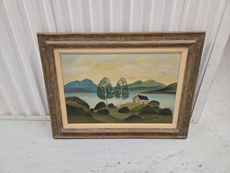 Beautiful Vintage Framed Painting Cabin On Water