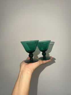 3 Emerald Wicked Green Holidays Wine Dessert Cordial Round Flared Glasses Ball Baluster Stem 60s 70s Italian Art MCM Mid Century Modern Barware