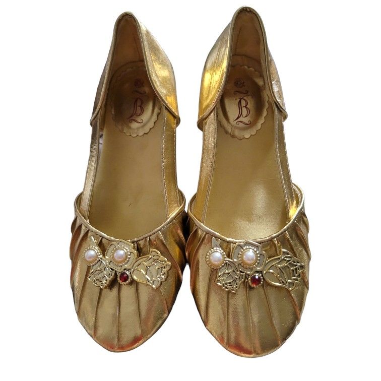 Disney Store Beauty & Beast Belle Shoes Costume Dress Up Golden Rose W/pearls
