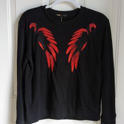 Maje 2017 Tonnerre Black Sweatshirt with Embroidered Red Parrots – SIZE 2/MEDIUM 