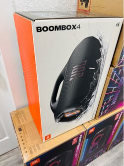 New JBL Boombox 4 speakers. Bluetooth V5.4 connectivity. Up to 28 hours playtime, plus 6 hours with Playtime Boost. IP68 waterproof and dustproof. Has