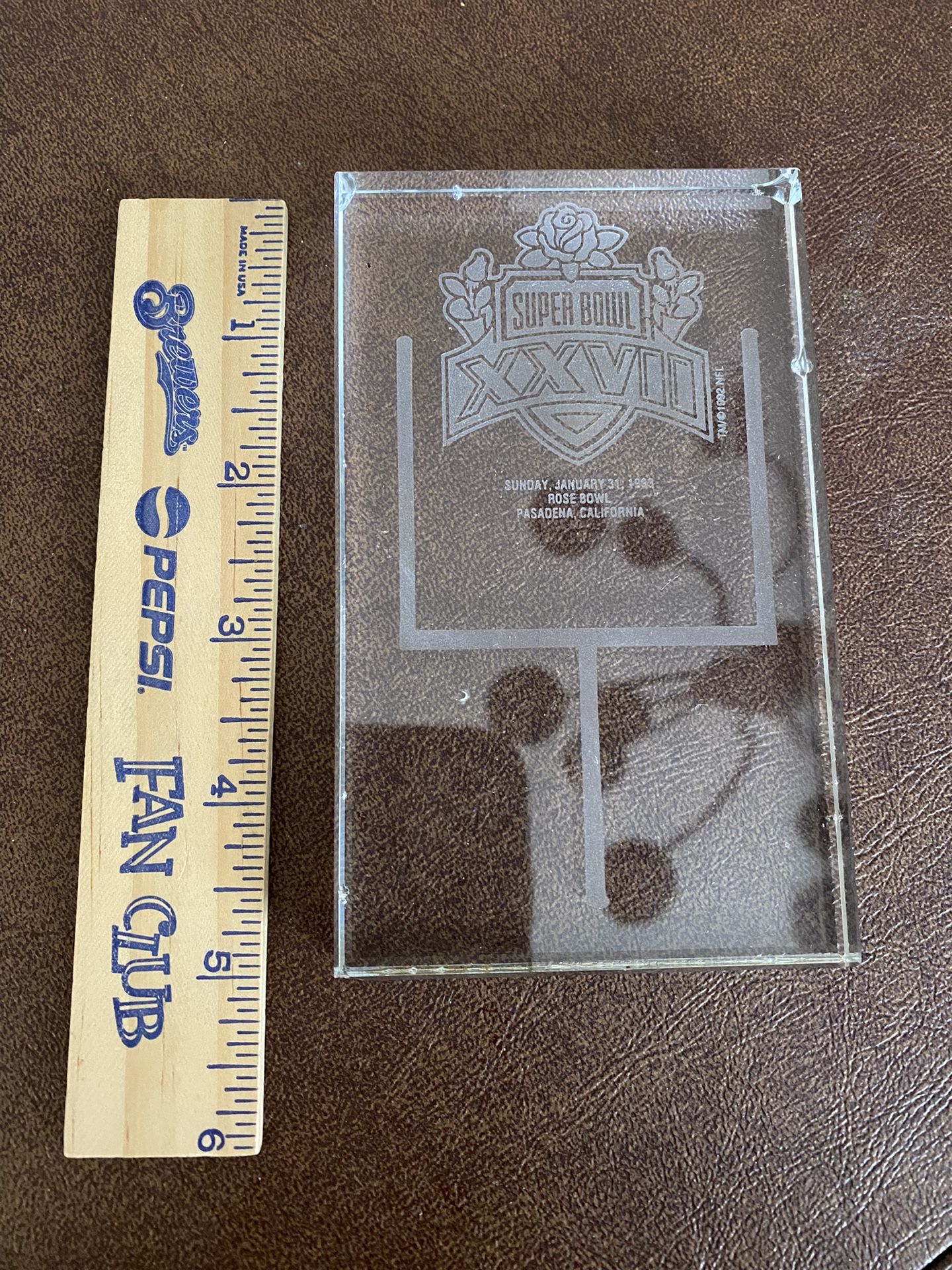 Vintage 1993 Super Bowl XXVII Etched Glass Paperweight Dallas Cowboys Buffalo Bills