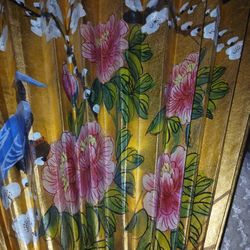 Vintage Chinese SIGNED Hand Painted Fan Decor Birds FLORAL THEMED 