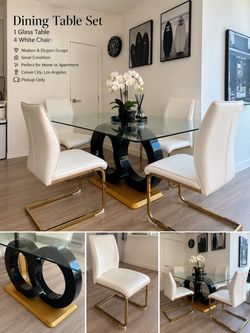 Modern GLASS DINING TABLE + 4 white chairs