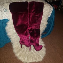 Burgundy Velvet Knee High Heels
