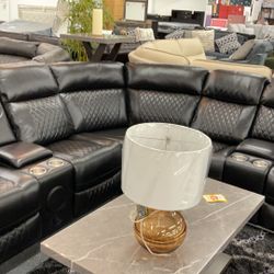 Black Leather Power Reclining Sectional With USB Plug Ins And Speakers