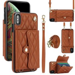 iPhone 12/12pro Ultra Slim Shockproof PU Leather Card Slots Kickstand Magnetic Snap Shoulder Strap Brown Phone Case