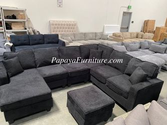 NEW Black Chenille Fabric Sectional Sofa LARGE U Shape Dark Grey Modern and Chaise Set Big SALE Ashley Style Discount Furniture Warehouse Clearance