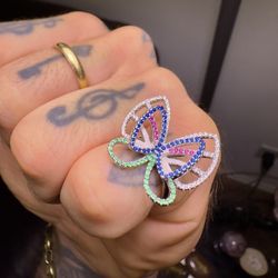 Awesome 🤩!! Multi Gemstone Butterfly Ring Set In Solid 925 Sterling Silver ! 