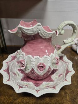 Vintage Majolica Style Ceramic Pitcher and wash Basin Set