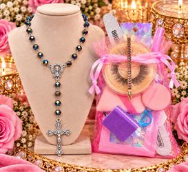 NWT Black Iridescent Rosary & Handmade Beauty Gift Bag
