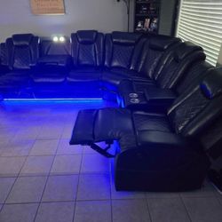 Black Power Recliner Sectional Sofa With LED 