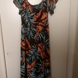 Tropical Print Ruffled Shoulder Dress - Olive with Coral & Teal