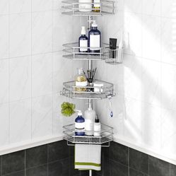 SEIRIONE Corner Shower Caddy Tension Pole, Quick Setup, Rust-Free Bathroom Shower Organizer Corner for Bathtub Shampoo Storage, 4-Tier Adjustable Shel