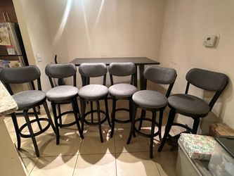 Set of 6 Gray Upholstered Swivel Bar Stools – 360° Swivel – Good Condition