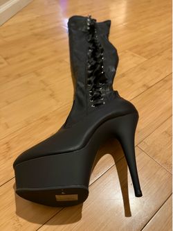 Black thigh high faux leather boots in the box!
