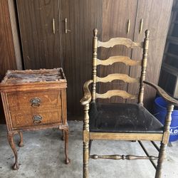 Wing Back Wooden Sturdy Chair And Small Antique Corner Table 